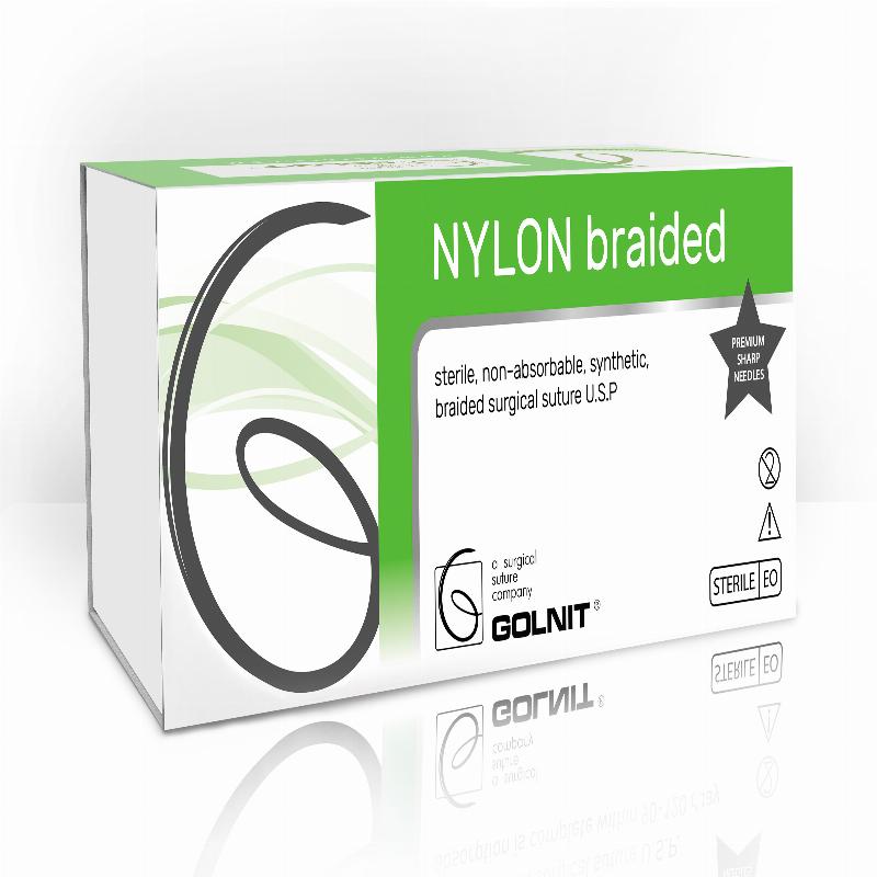 Нейлон плетений (Поліамід) шовний матеріал USP(EP): 2/0 (3,0), Голка: Зворотньо-ріжуча 25мм, 3/8 кола, Одно-голкова, Нитка: 75см